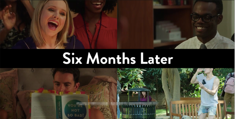 That pixelated line is where we blurred out the NBC watermark on our screener, not part of a Good Place conspiracy theory.